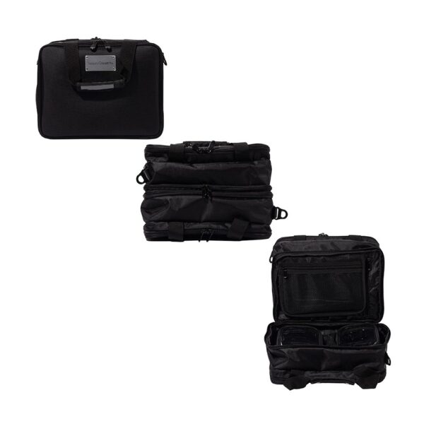 ESTUCHE DE VIAJE NEGRO CON ASA CON 3 COMPARTIMENTOS 2 BOLSAS 1 BOLSA DE MALLA Y 1 CORREA PARA HOMBRE