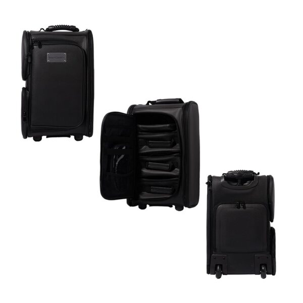 MALETA DE VIAJE PARA MAQUILLAJE NEGRA CON 3 BOLSAS GRANDES 2 BOLSAS PEQUEÑAS Y 2 RUEDAS FIJAS Y BOLSAS EXTERNAS