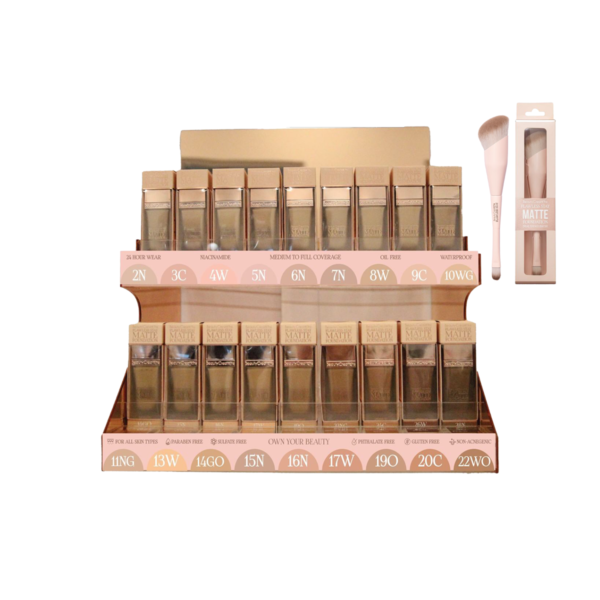 SET BASE LIQUIDA MATTE - 18 TONOS + 18 TESTER + BROCHA + ACRILICO