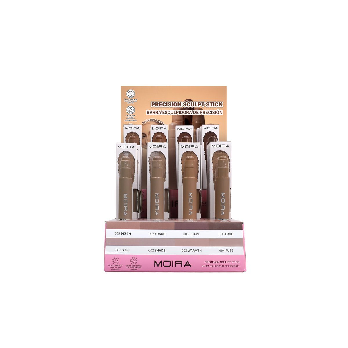 EXHIBIDOR DE CARTON + SET DE STICK BRONZER & CONTOUR 8 TONOS, 3 PZAS X TONO =24 PZAS + 8 TESTER