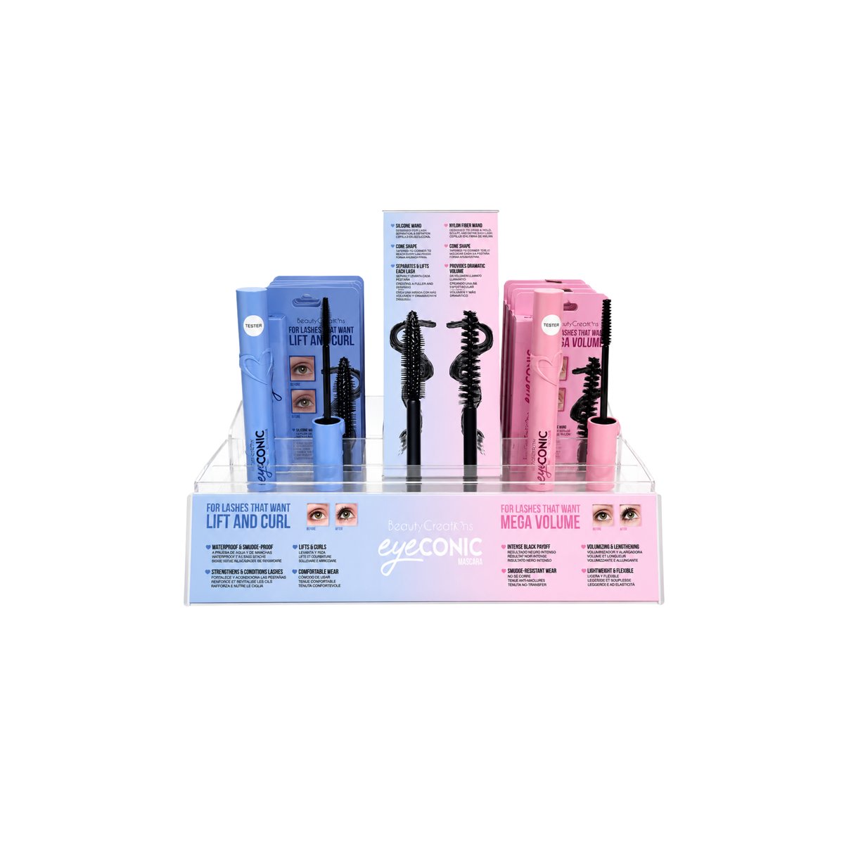 DISPLAY DE ACRÍLICO NTD MÁSCARA PARA PESTAÑAS EYECONIC 12 PCS POR COLOR = 24PCS MÁS 2 TESTER (TESTER SE COBRAN A MITAD DE PRECIO)
